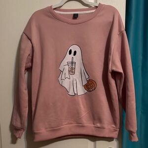 SHEIN Pink Ghost Graphic Crew Neck Sweater
